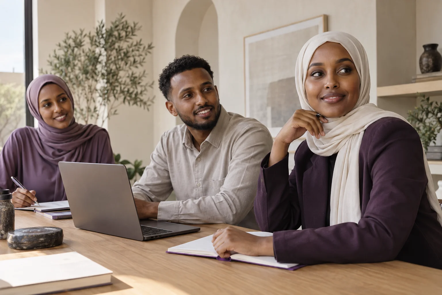 Illustrative editorial portrait of Somali professionals collaborating in a contemporary workspace